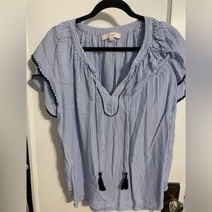 LOFT White and Blue Pinstripe Tie-Front Short Sleeve Top